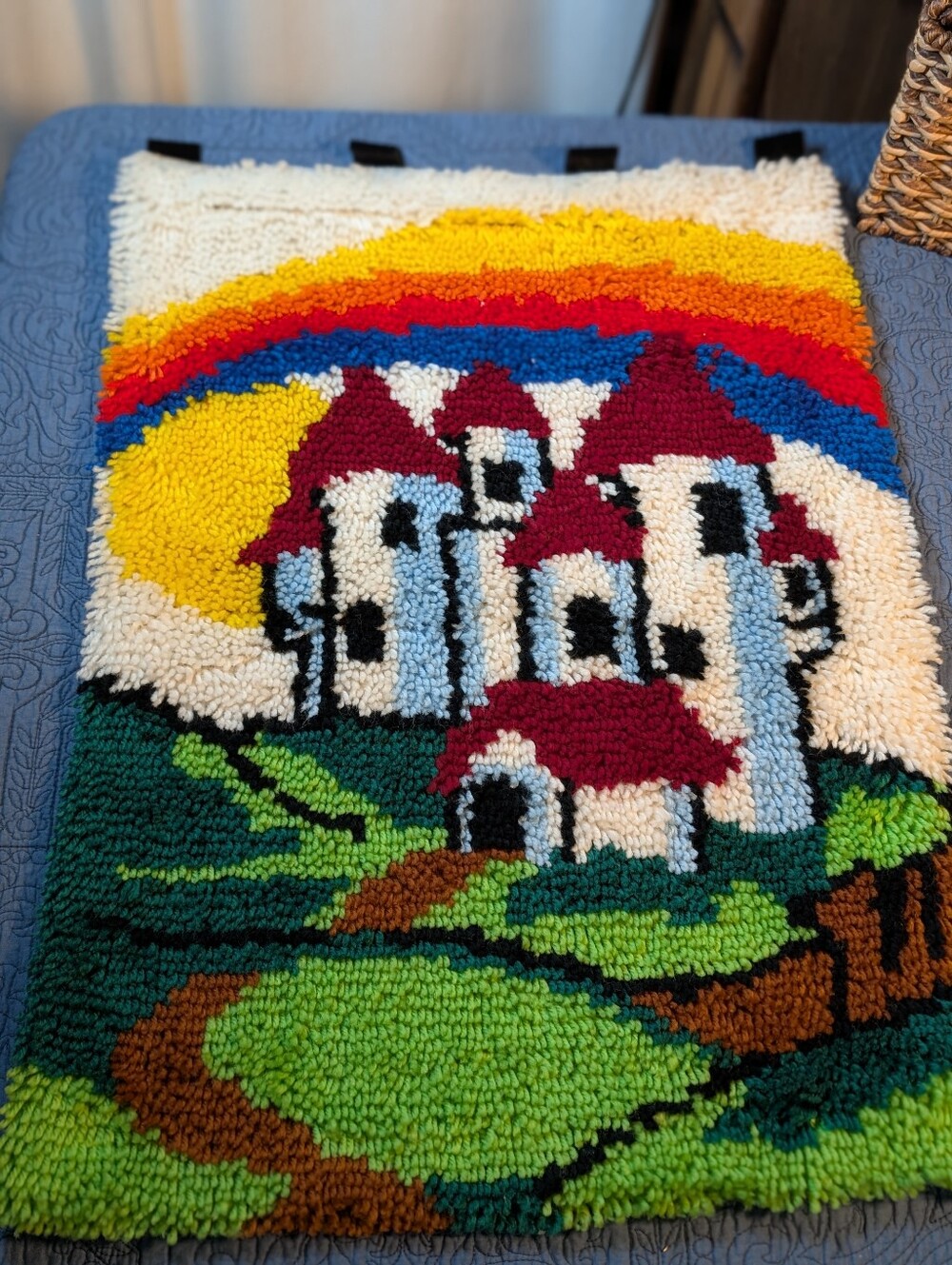 Vintage Handmade Latch Hook Village Wall Hanging Boho Cottagecore Art Tapestry